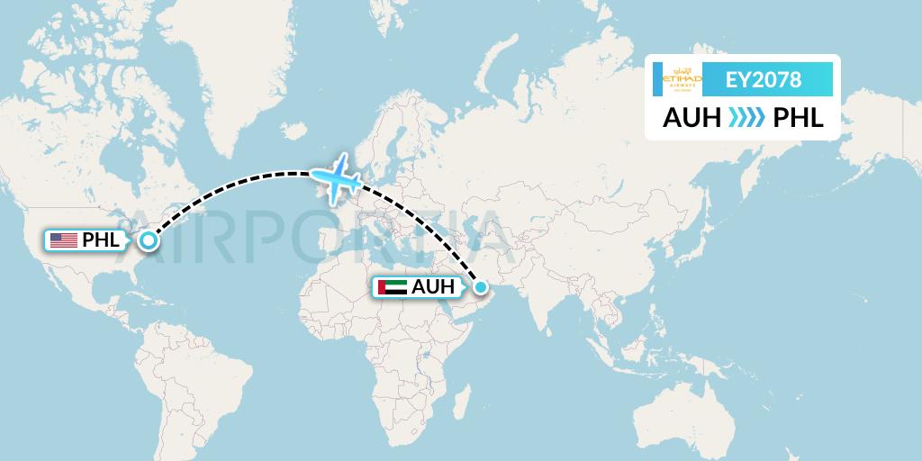 EY2078 Etihad Airways Flight Map: Abu Dhabi to Philadelphia