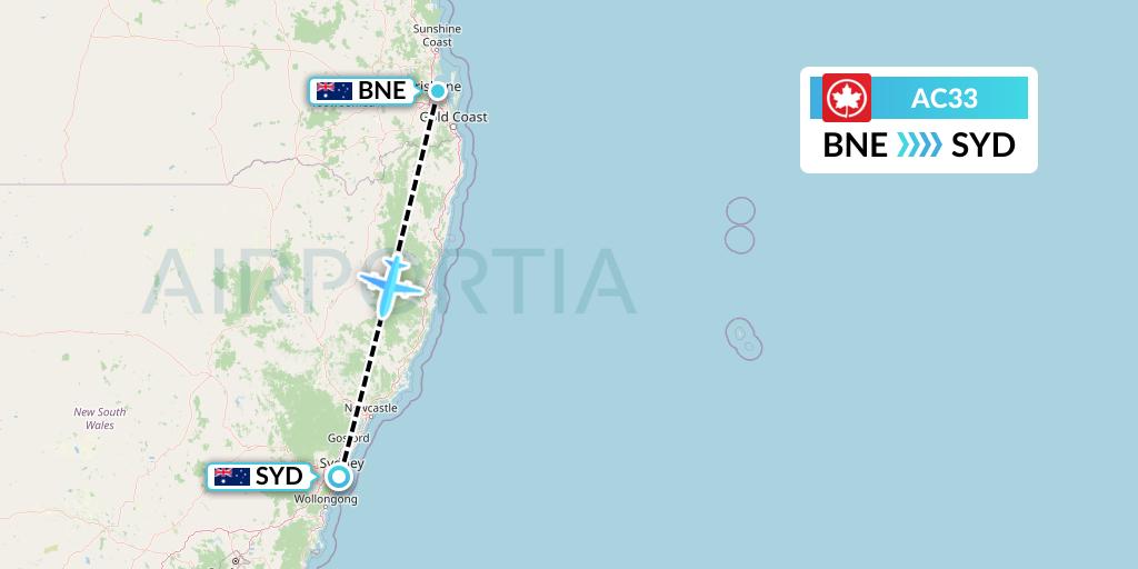 AC33 Air Canada Flight Map: Brisbane to Sydney