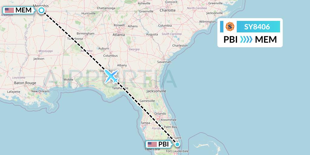 SY8406 Sun Country Airlines Flight Map: West Palm Beach to Memphis