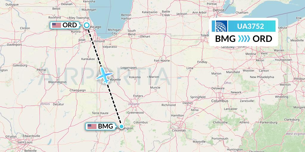 UA3752 United Airlines Flight Map: Bloomington to Chicago