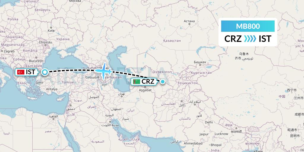 MB800 MNG Airlines Flight Map: Turkmenabat to Istanbul