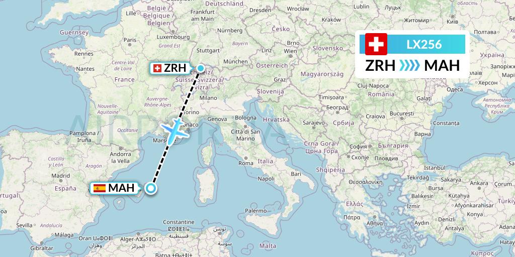 LX256 Swiss Flight Map: Zurich to Mahon