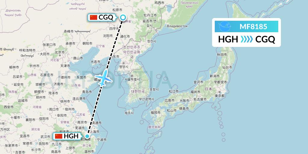 MF8185 Xiamen Airlines Flight Map: Hangzhou to Changchun