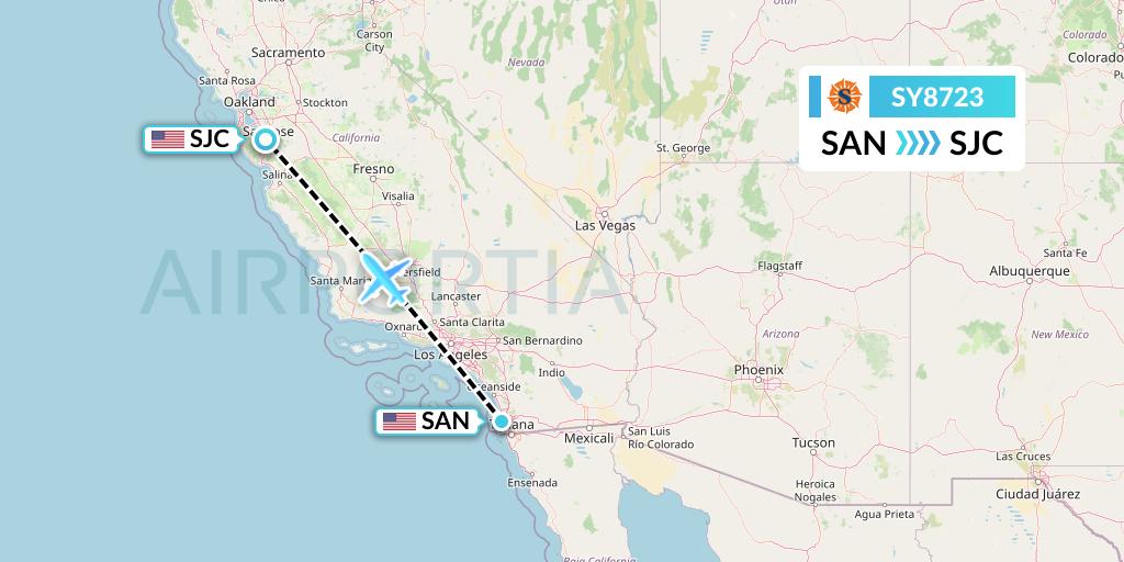 SY8723 Sun Country Airlines Flight Map: San Diego to San Jose