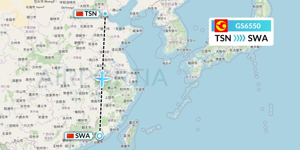GS6550 Tianjin Airlines Flight Map: Tianjin to Jieyang
