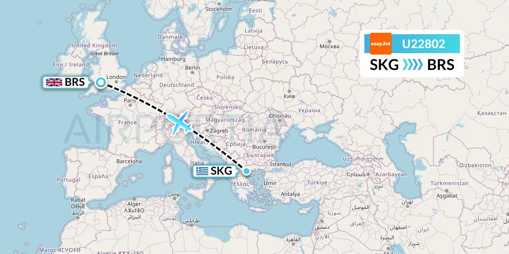U22802 EasyJet Flight Map: Thessaloniki to Bristol