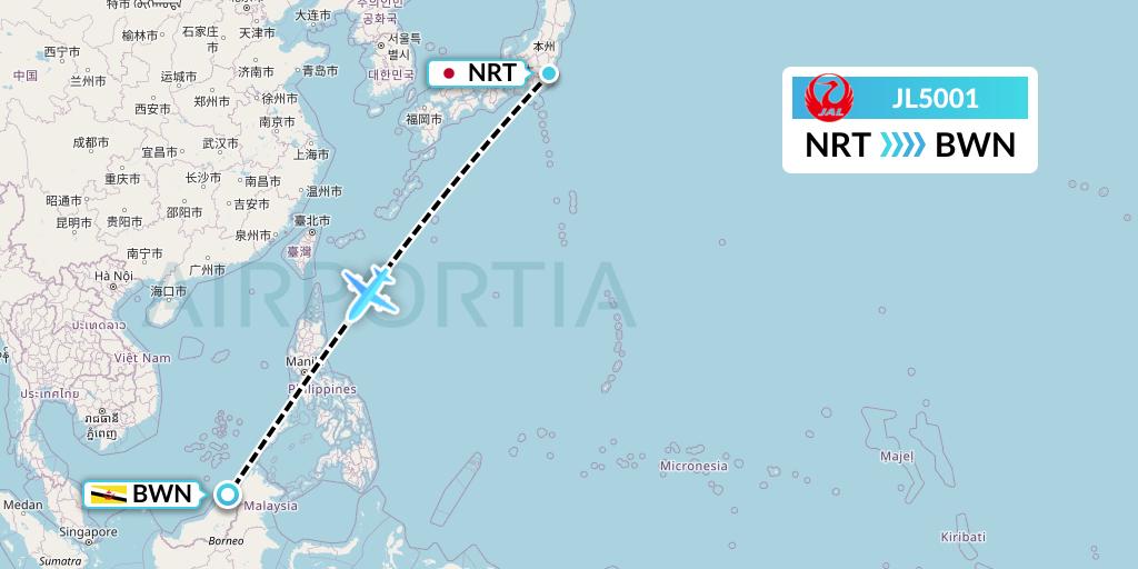 JL5001 Japan Airlines Flight Map: Tokyo to Brunei