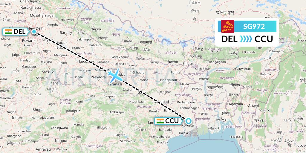 SG972 SpiceJet Flight Map: Delhi to Kolkata