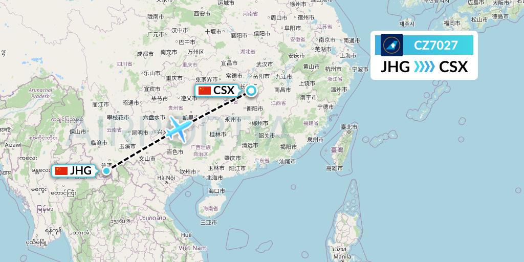 CZ7027 China Southern Airlines Flight Map: Jinghong to Changsha