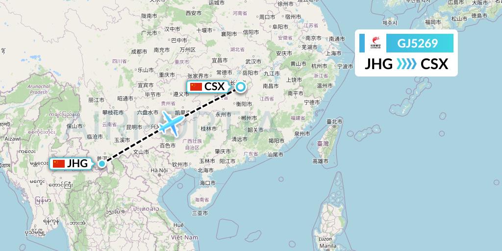 GJ5269 Loong Airlines Flight Map: Jinghong to Changsha
