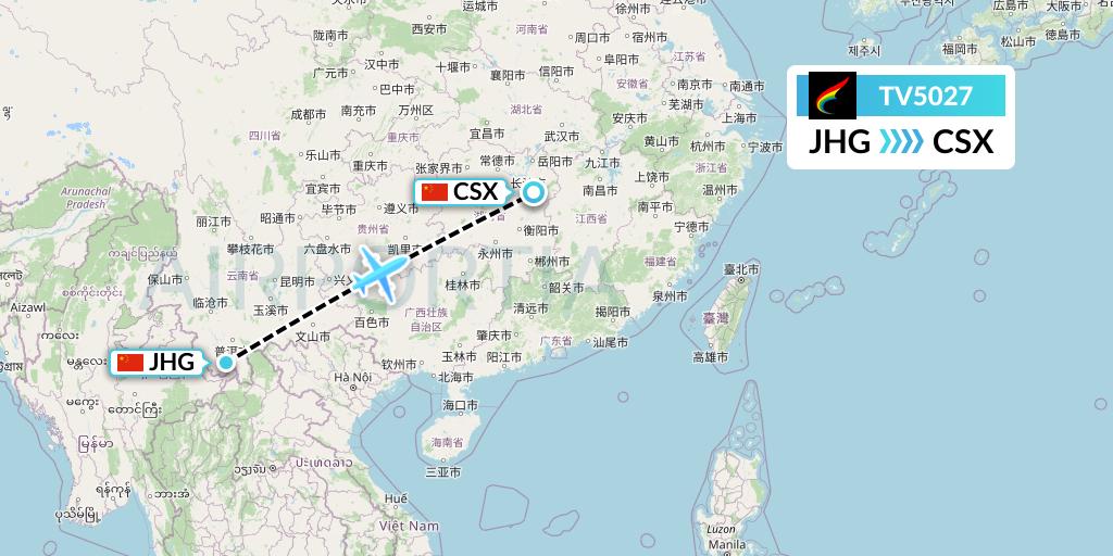 TV5027 Tibet Airlines Flight Map: Jinghong to Changsha