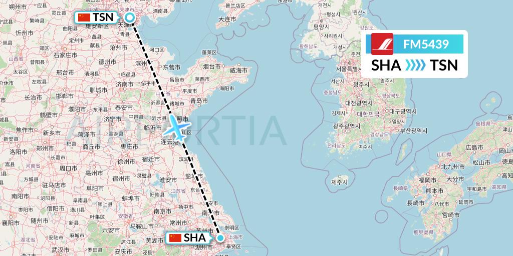 FM5439 Shanghai Airlines Flight Map: Shanghai to Tianjin