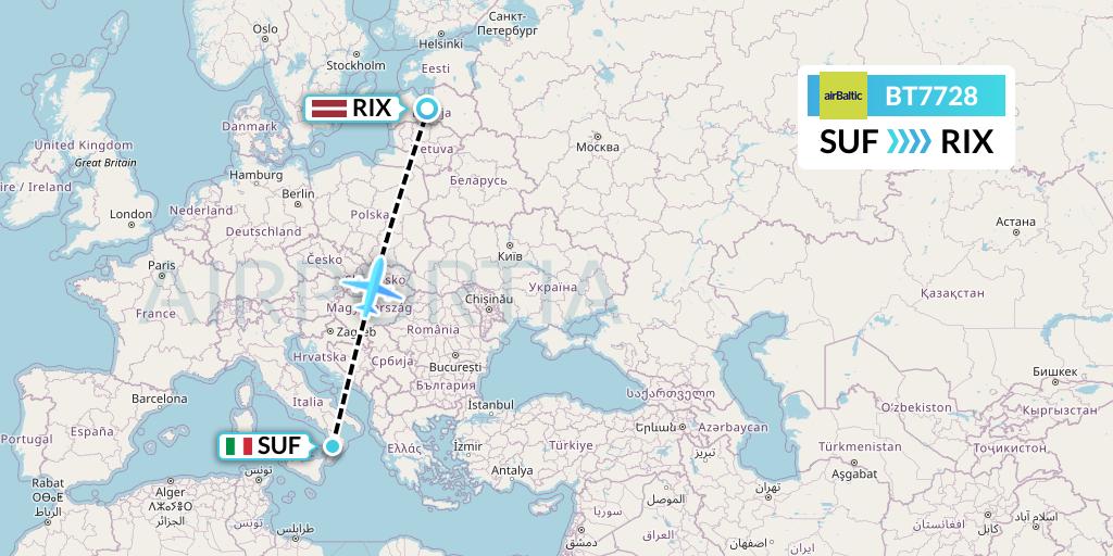 BT7728 Air Baltic Flight Map: Lamezia Terme to Riga