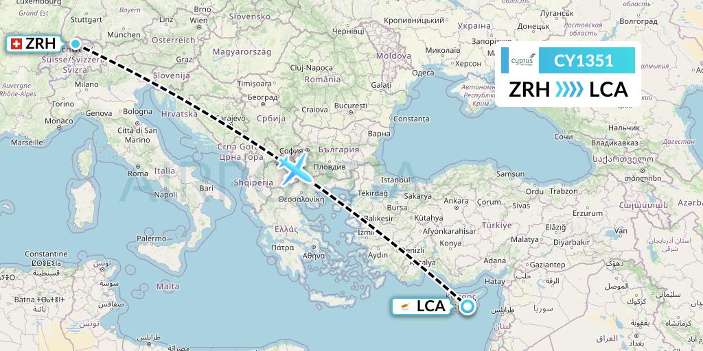 CY1351 Cyprus Airways Flight Map: Zurich to Larnaca