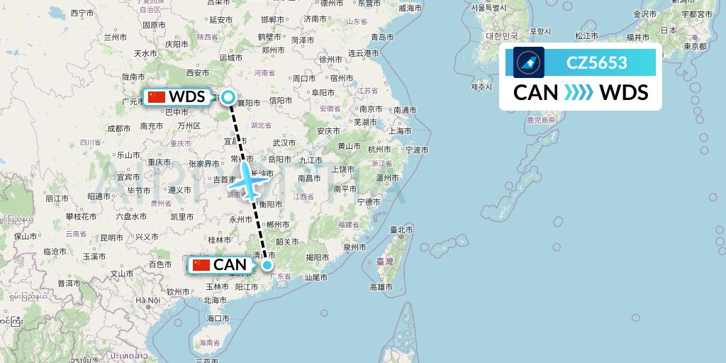 CZ5653 China Southern Airlines Flight Map: Guangzhou to Shiyan