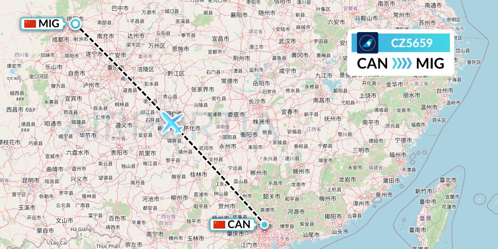 CZ5659 China Southern Airlines Flight Map: Guangzhou to Mianyang