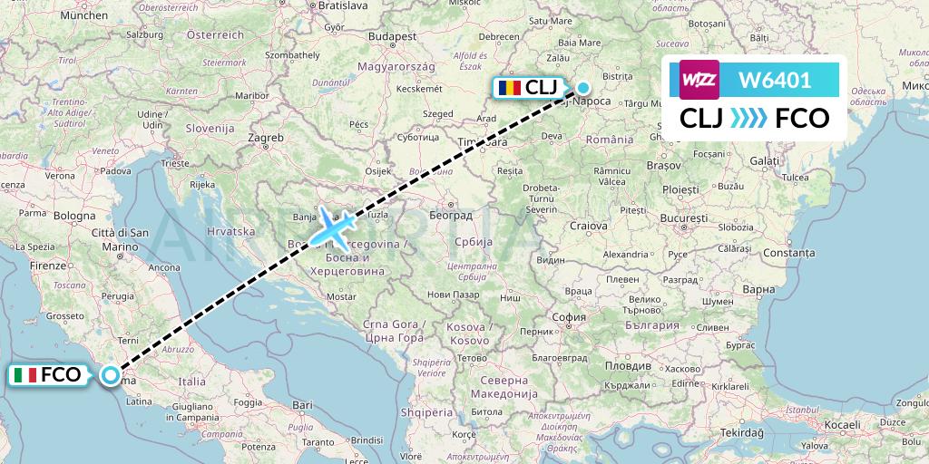 W6401 Wizz Air Flight Map: Cluj-Napoca to Rome
