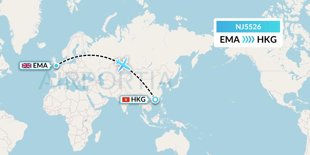 NJ5526 Ghadames Air Transport Flight Map: East Midlands to Hong Kong