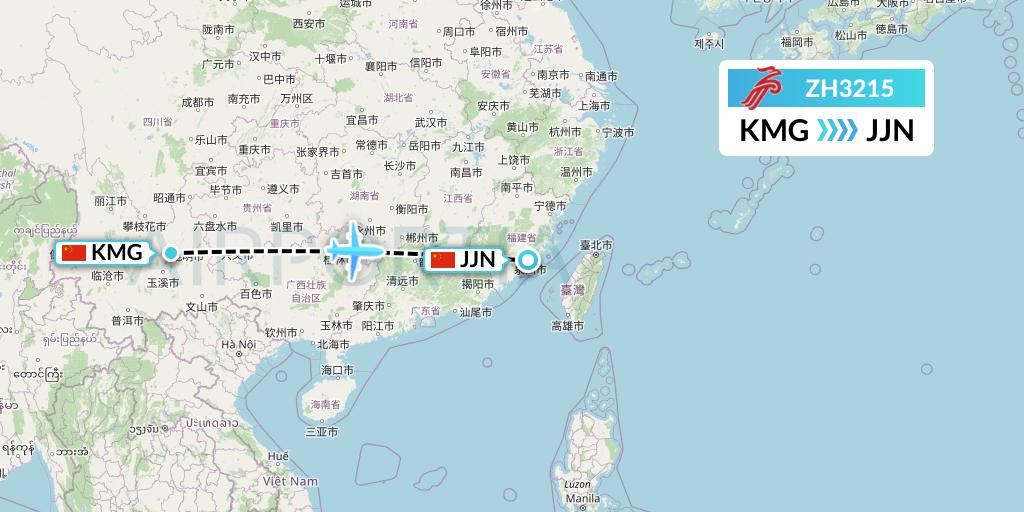ZH3215 Shenzhen Airlines Flight Map: Kunming to Jinjiang