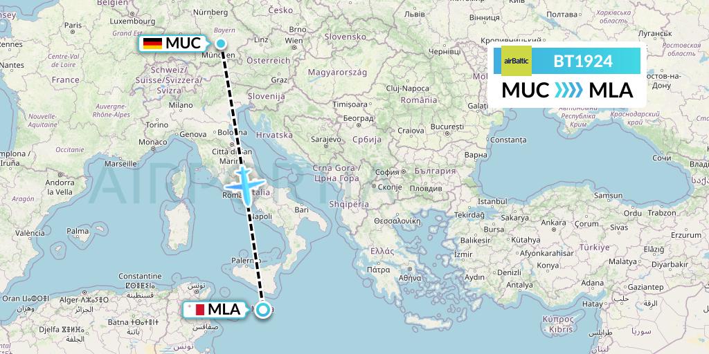 BT1924 Air Baltic Flight Map: Munich to Malta