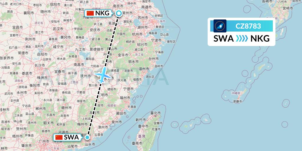 CZ8783 China Southern Airlines Flight Map: Jieyang to Nanjing
