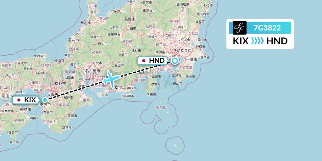 7G3822 Starflyer Flight Map: Osaka to Tokyo
