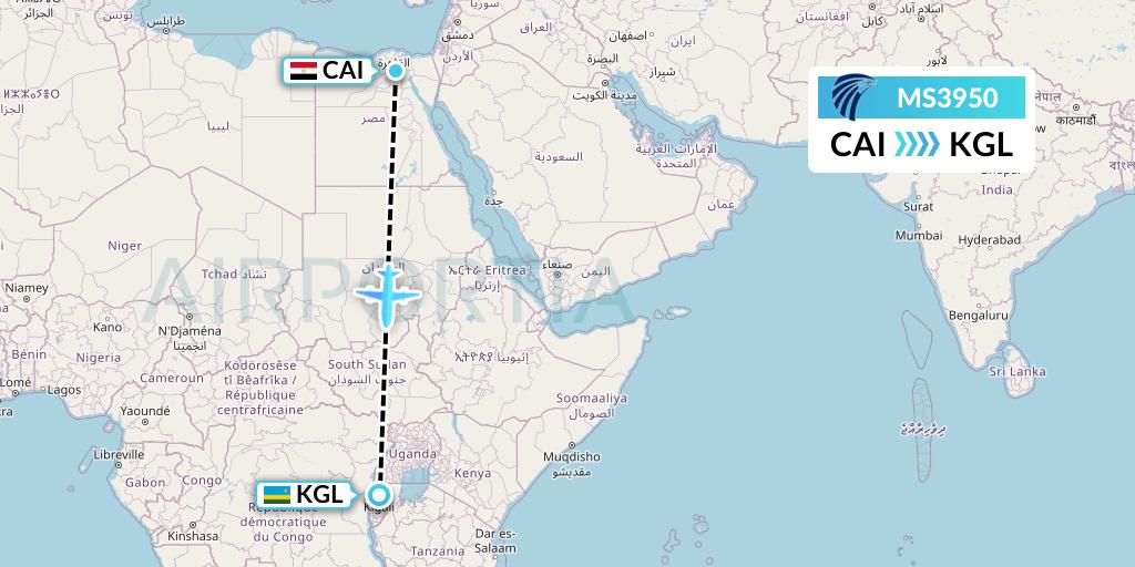 MS3950 EgyptAir Flight Map: Cairo to Kigali