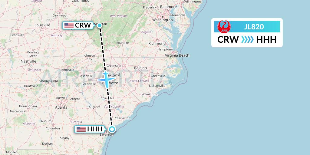 JL820 Japan Airlines Flight Map: Charleston to Hilton Head Island