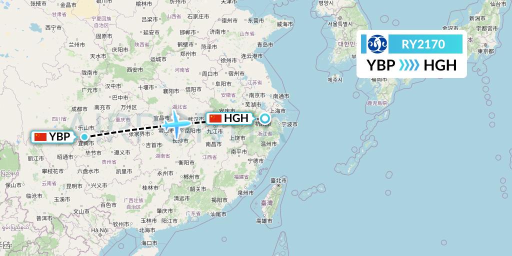 RY2170 Jiangxi Air Flight Map: Yibin to Hangzhou
