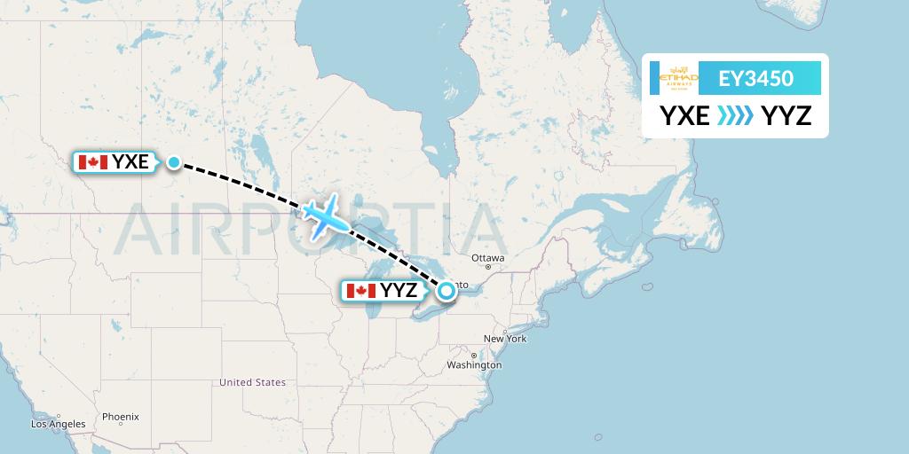 EY3450 Etihad Airways Flight Map: Saskatoon to Toronto