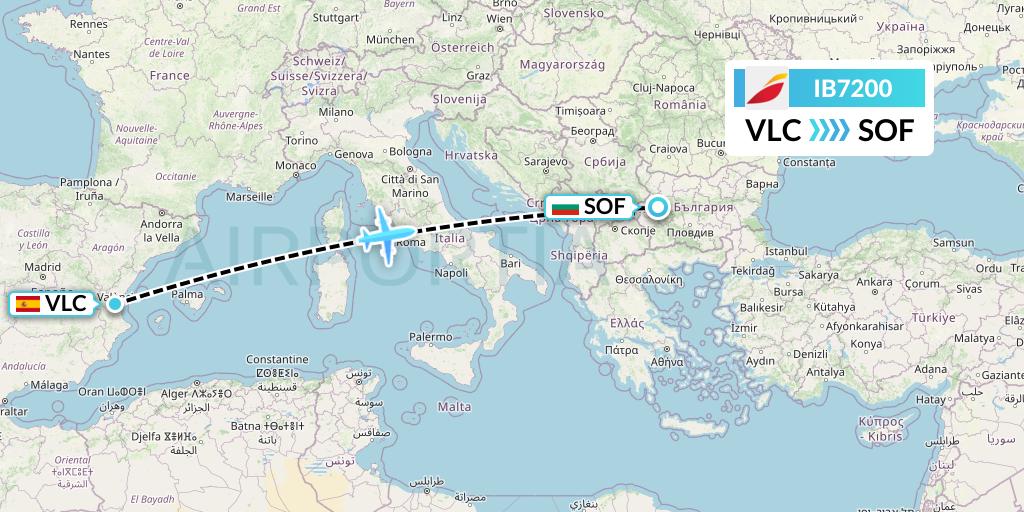 IB7200 Iberia Flight Map: Valencia to Sofia