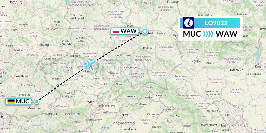 LO9022 LOT Flight Map: Munich to Warsaw
