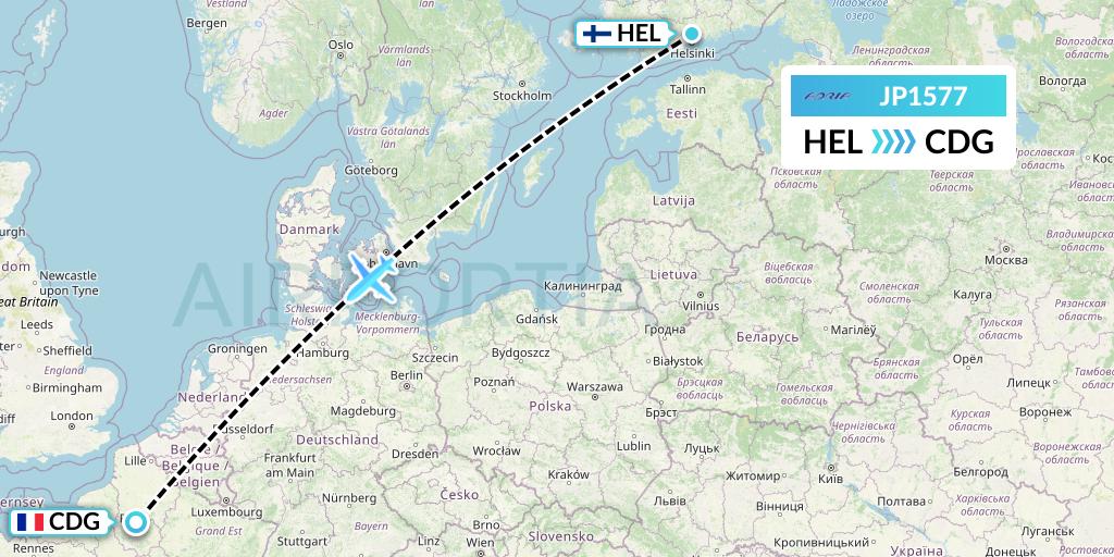 JP1577 Adria Airways Flight Map: Helsinki to Paris