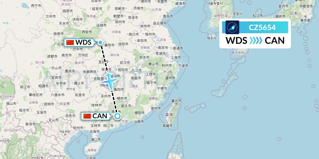 CZ5654 China Southern Airlines Flight Map: Shiyan to Guangzhou