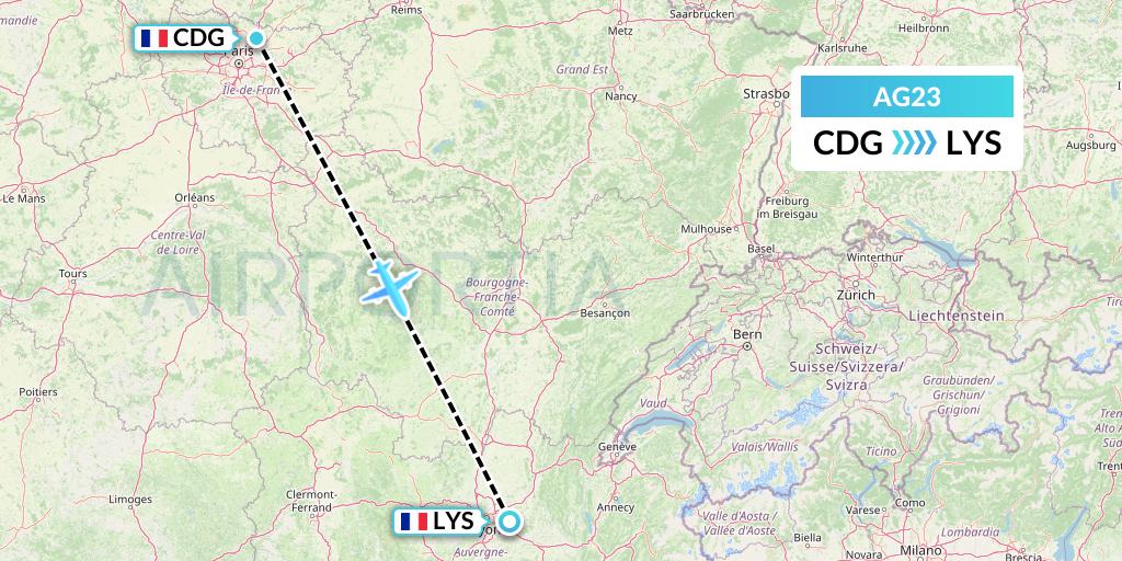 AG23 Aruba Airlines Flight Map: Paris to Lyon