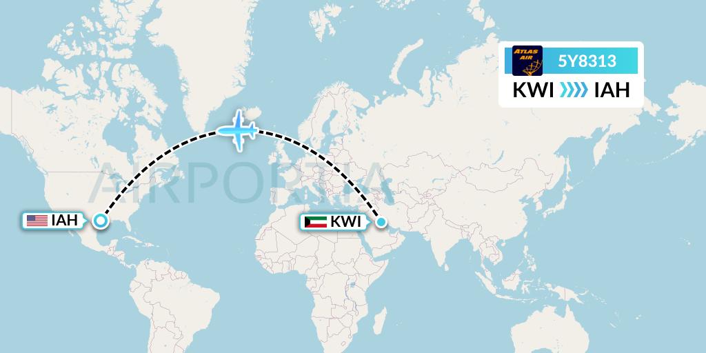 5Y8313 Atlas Air Flight Map: Kuwait City to Houston