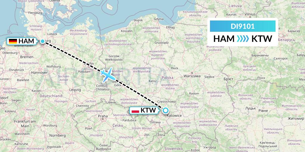 DI9101 Marabu Airlines Flight Map: Hamburg to Katowice