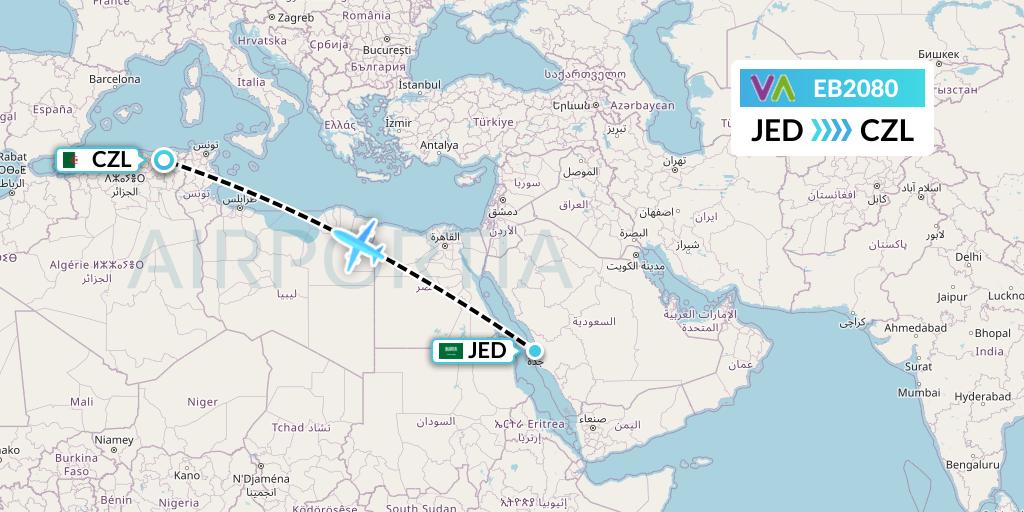 EB2080 Wamos Air Flight Map: Jeddah to Constantine