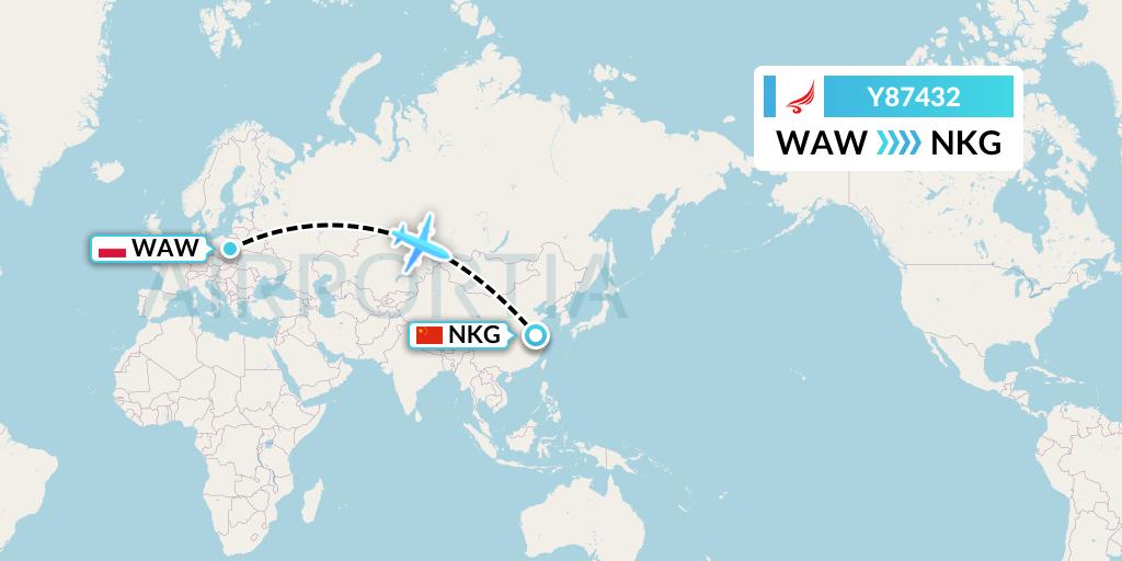 Y87432 Yangtze River Express Flight Map: Warsaw to Nanjing