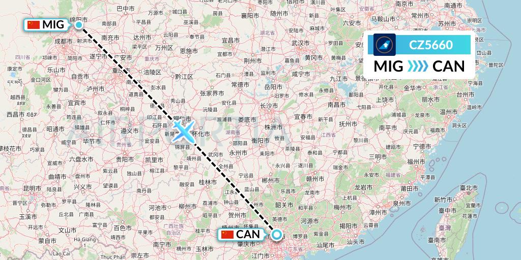 CZ5660 China Southern Airlines Flight Map: Mianyang to Guangzhou