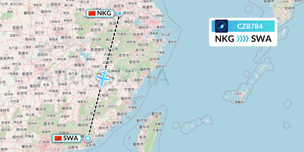 CZ8784 China Southern Airlines Flight Map: Nanjing to Jieyang