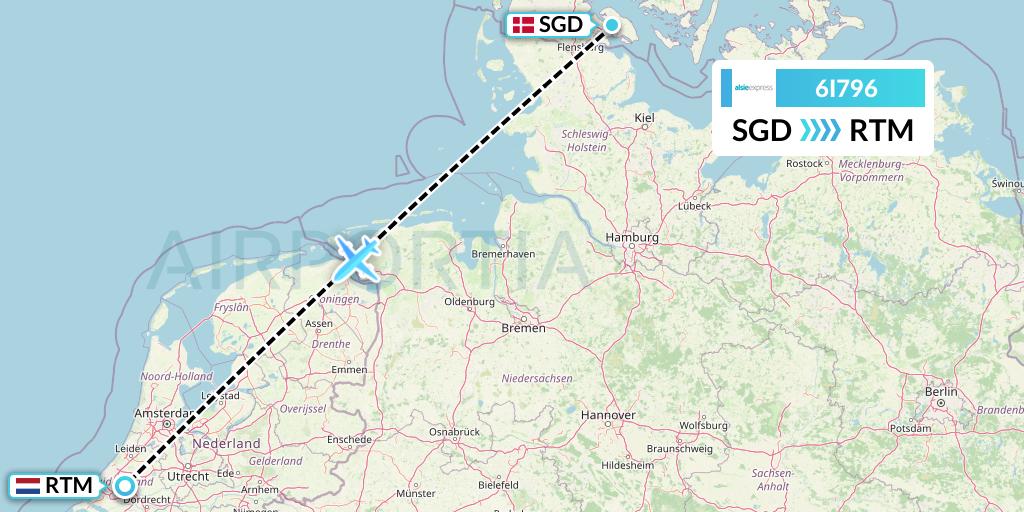 6I796 Air Alsie Flight Map: Sonderborg to Rotterdam
