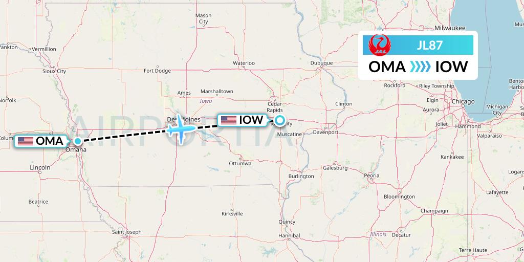 JL87 Japan Airlines Flight Map: Omaha to Iowa City