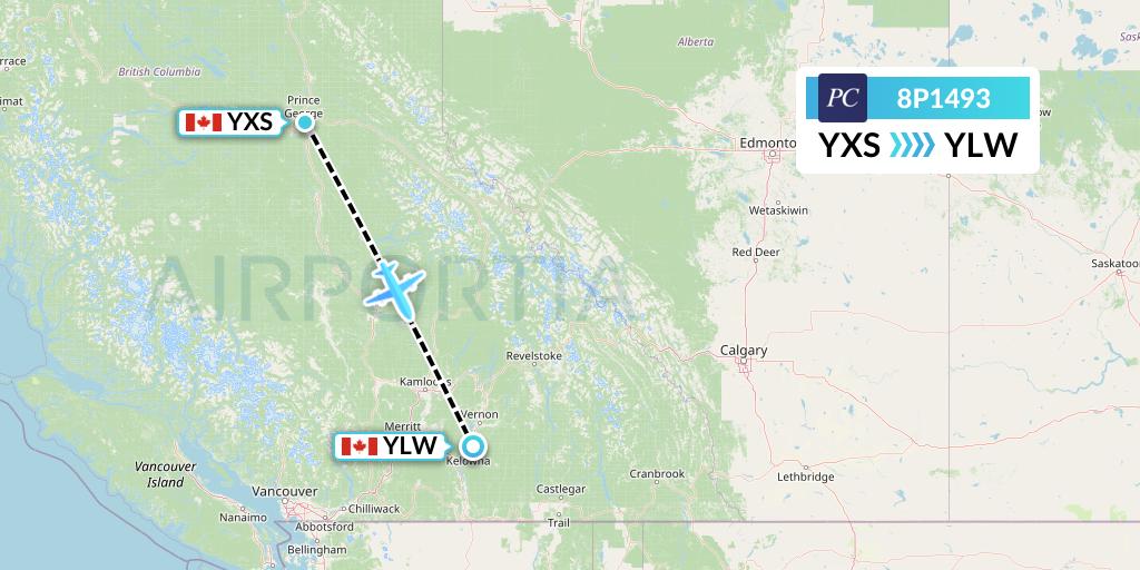 8P1493 Pacific Coastal Airlines Flight Map: Prince George to Kelowna