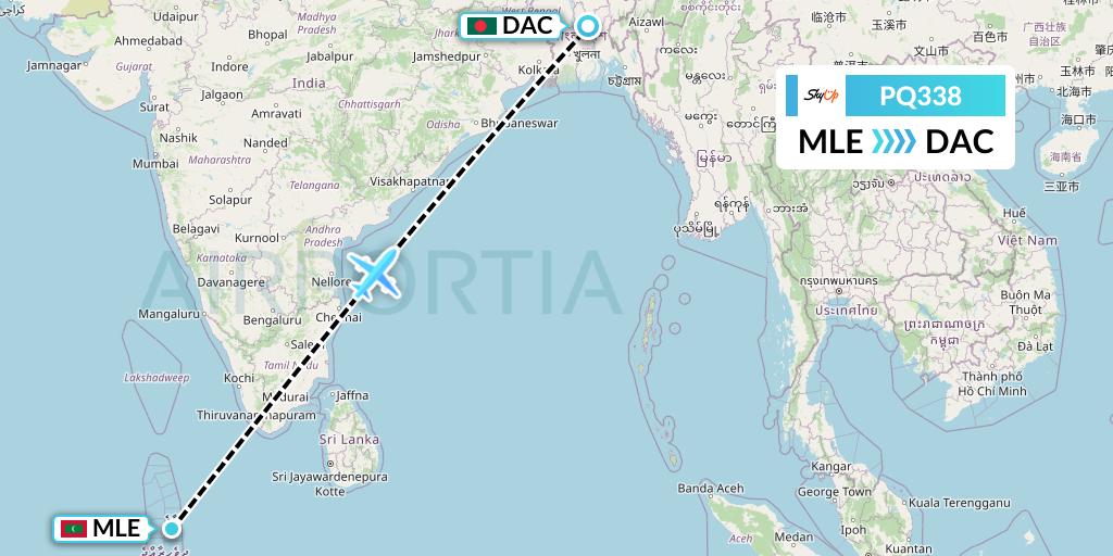 PQ338 SkyUp Airlines Flight Map: Male to Dhaka