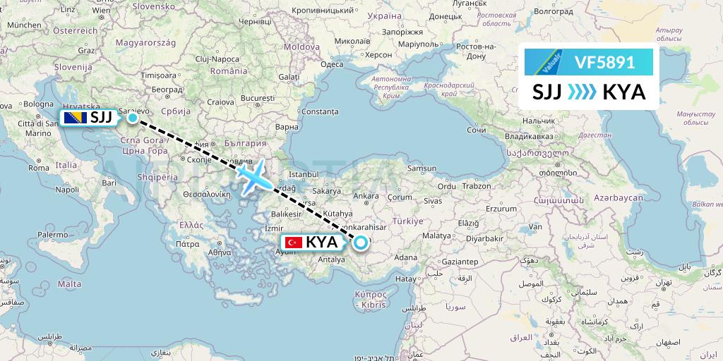 VF5891 ValuAir Flight Map: Sarajevo to Konya