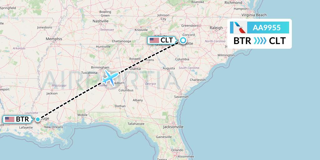AA9955 American Airlines Flight Map: Baton Rouge to Charlotte