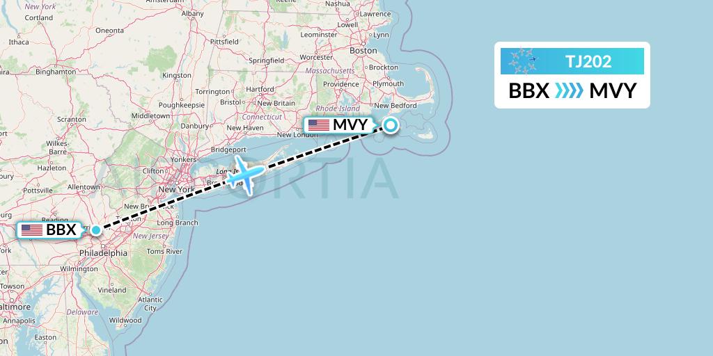 TJ202 Tradewind Aviation Flight Map: Philadelphia to Martha's Vineyard