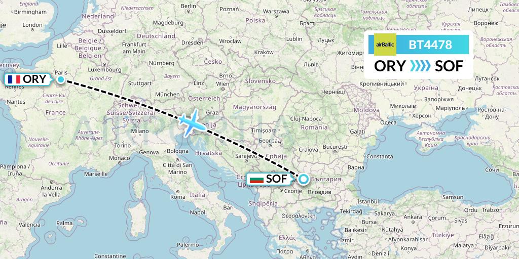 BT4478 Air Baltic Flight Map: Paris to Sofia