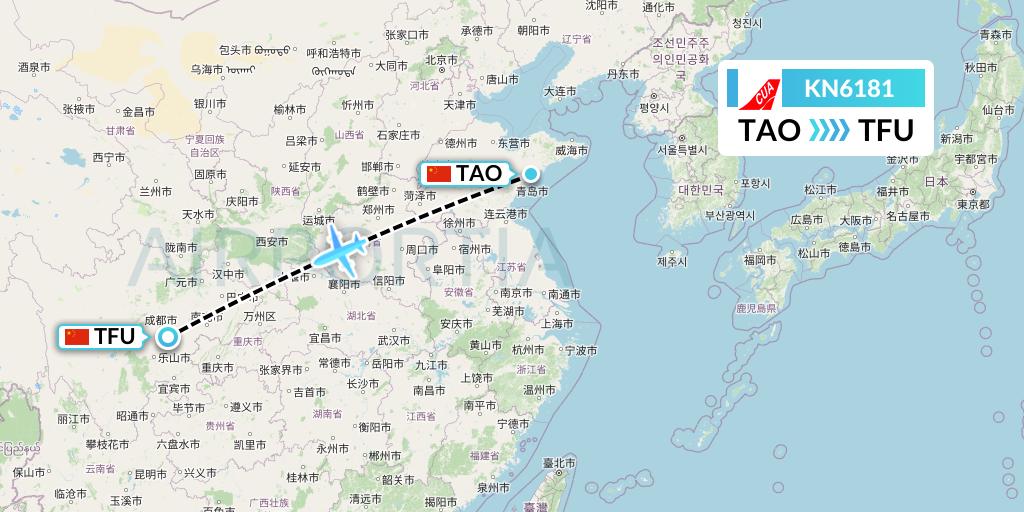 KN6181 China United Airlines Flight Map: Qingdao to Chengdu